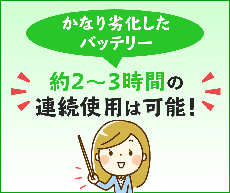 バッテリーが劣化していても約2～3時間は利用可能